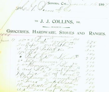 Collins, J. J., Dealer in Groceries, Hardware, Stoves and Ranges, et al. - Seven Receipts for Goods & Services Sold, Dated 1897, from Sonora, in Tuolumne County, California