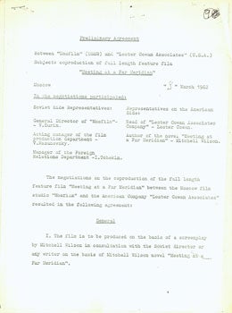 Item #15-4729 Memorandum, Re: the question of dividing the regions of distribution for the future Soviet-American coproduction venture "A Meeting on the Far Meridian." Lester Cowan, Mosfilm, Lester Cowan Associates, USSR, USA.