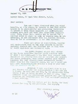 Item #15-4731 TLS by M. B. Paul to Lester Cowan, 8/15/1964; typed carbon copy of letter (unsigned) by Steve Previn to Lester Cowan dated 5/11/1965, and other material related to a joint USSR-USA film "A Meeting on the Far Meridian." Lester Cowan, Inc M. B. Paul Studios, Steve Previn.