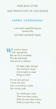 Item #15-5260 Poem Read At the 200th Presentation of Anti-Worlds. Andrei Voznesensky, Lola Kinel,...