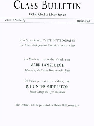 Item #15-5331 Class Bulletin, UCLA School of Library Service, Vol. V, No. 63, March 9, 1965. In...