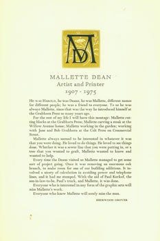Item #15-5374 Mallette Dean, Artist And Printer, 1907-1975. Sherwood Grover, Book Club of California, Arlen Philpott, printer.