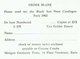 Item #15-5546 Order Blanks for Black Sun Press Catalogue, Paris 1962. Black Sun Press, Caresse...