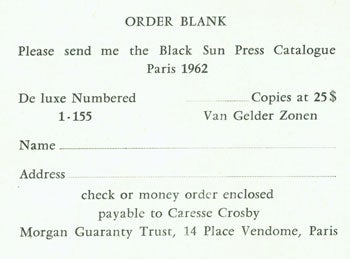 Item #15-5546 Order Blanks for Black Sun Press Catalogue, Paris 1962. Black Sun Press, Caresse Crosby.