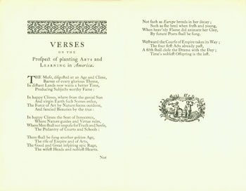 Item #15-5580 Verses On the Prospect of Planting Arts and Learning in America. Berkeley Historical Society, Wesley B. Tanner, Bishop of Cloyne George Berkeley, print.