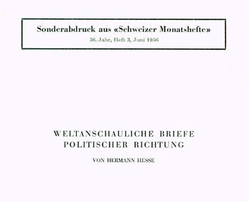 Item #15-5870 Weltanschauliche Briefe Politischer Richtung. Hermann Hesse.