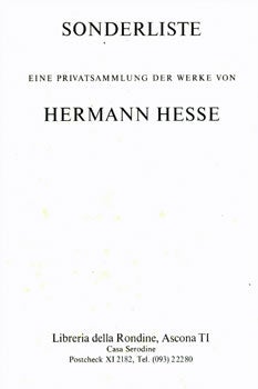 Hesse, Hermann; Libreria Della Rondine - Sonderliste Eine Privatsammlung Der Werke Von Hermann Hesse