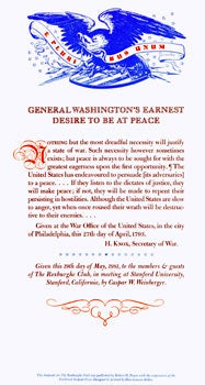 Item #15-5917 General Washington's Earnest Desire To Be At Peace. des., print, Roxburghe Club, Henry Knox, Robert H. Power, Feathered Serpent Press, Don Greame Kelley, publ.