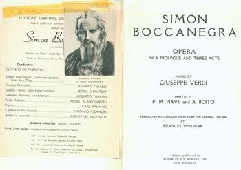 Item #15-5985 Simon Boccanegra. Opera In a Prologue and Three Acts. San Francisco Opera Association. Giuseppe Verdi, F. M. Piave, A. Boito, Frances Winwar, libr., transl.