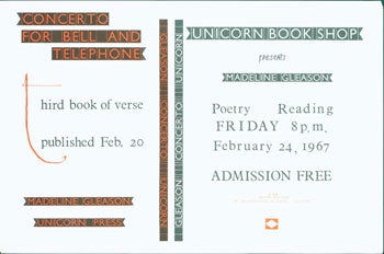 Item #15-6094 Unicorn Book Shop Presents Madeline Gleason Poetry Reading, Friday 8 pm, February 24, 1967. Madeline Gleason.