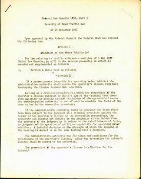 Item #15-6096 Federal Law Gazette 1952, Part I. Security of Road Traffic Law of 19 December,...