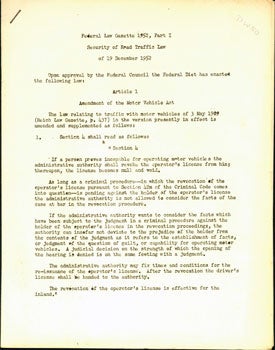 Item #15-6096 Federal Law Gazette 1952, Part I. Security of Road Traffic Law of 19 December, 1952. Federal Republic of Germany, West Germany.