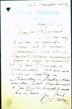 Item #15-6184 ALS by John Lawrence Toole to Mr. Herbwood, May 18, 1891, On Toole's Theatre...