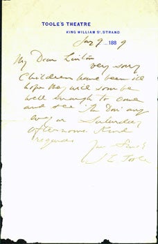 Item #15-6189 ALS by John Lawrence Toole to Mr. Linden (?), Jan 9, 1889, On Toole's Theatre...