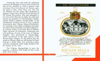 Chateau Rausan-Segla, Margaux, France - Brochure for Chateau Rausan-Segla, Margaux, France. Tri-Centenaire, 1661-1961