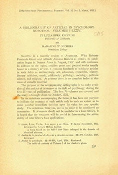 Item #15-6435 A Bibliography of Articles in Psychology: Nosotros. Volumes 1-LXXVI. Lucia Burk Kinnaird, Madaline W. Nichols.