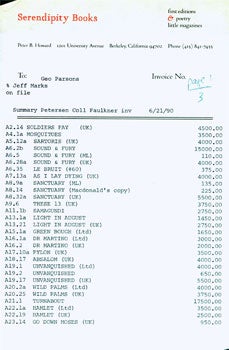 Item #15-6485 Invoices (15 pp.) Related To George Parsons Faulkner Material, dated 6/21/90; Three Pages of Faxes, Parsons-related; 11 pp. of supporting material. Serendipity Books, Peter B. Howard.