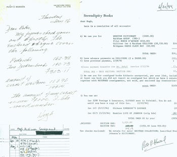 Item #15-6488 Serendipity Books File Of Invoices, Receipts, and Appraisals of Hugh McNiven's Books. Includes a signed undated MS note to Peter Howard from Mc Niven. Some pages are copies of originals. Serendipity Books, Peter Howard, Hugh McNiven.