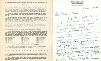 American Association Of Teachers of Slavonic and East European Languages - Als by A.P. Coleman (?) to Professor Hayes (?), President of Aatseel, Dated January 2, 1943, on Columbia University Letterhead, and an Aatseel Brochure