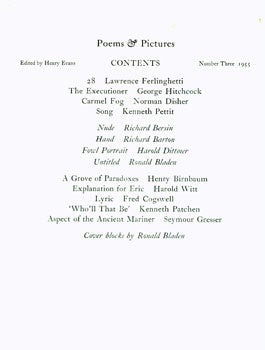Item #15-6895 Poems & Pictures. Number Three 1955. Henry Evans, Lawrence Ferlinghetti, Ronald Bladen, ill.