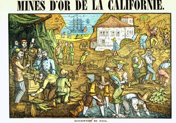 Item #15-6900 Mines D'Or De La Californie. Facsimile of a broadside published by Dembour & Gangel at Metz and Paris ca. 1850. Zamorano And Roxburghe Clubs, Clifford Burke Adrian Wilson, Joseph M. Bransten, printers.
