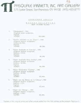 Item #15-7274 Armando Amaya Price List File. Inc Pasquale Iannetti Art Galleries