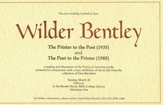 Item #15-7332 You Are Cordially Invited To Hear Wilder Bentley. A Reading and Discussion of the...