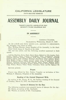 Item #15-7434 California Legislature Fifty-Second Session. Assembly Daily Journal. Wednesday, March 17, 1937. California Legislature.