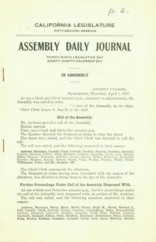 Item #15-7435 California Legislature Fifty-Second Session. Assembly Daily Journal. Wednesday, April 1, 1937. California Legislature.