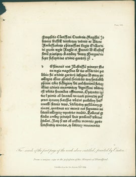 Item #15-7991 [Typographical Antiquities, Or, The History of Printing in England, Scotland, and Ireland.] Single plate containing a "facsimile of the first page of the work above entitled; printed by Caxton. Plate VIII." J. Basire, Joseph Ames, Thomas Frognall Dibdin, William Herbert.