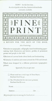 Item #15-8195 Fine Print: A Review for the Arts of the Book. Arif Press, Wesley B. Tanner, print