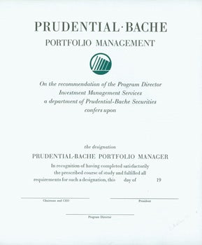 Item #15-8289 Prudential-Bache Portfolio Management Designation. Prudential, Wesley B. Tanner, print