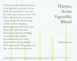 Item #15-8324 Human, Avian, Vegetable, Blood. Arif Press, Kenneth Rexroth, Moe's Books, Wesley B....