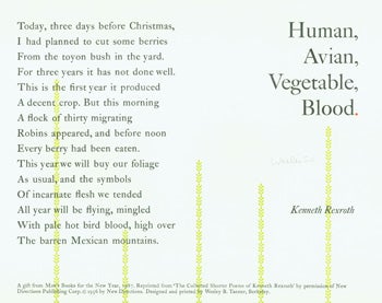 Item #15-8324 Human, Avian, Vegetable, Blood. Arif Press, Kenneth Rexroth, Moe's Books, Wesley B. Tanner, print.