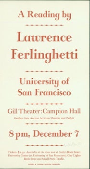 Item #15-8349 A Reading by Lawrence Ferlinghetti, University of San Francisco, Gill Theater: Campion Hall. des., print, Arif Press, Lawrence Ferlinghetti, University of San Francisco, Wesley B. Tanner.