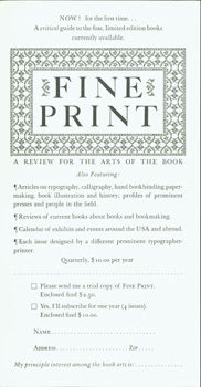 Item #15-8391 Fine Print: A Review for the Arts of the Book. Arif Press, Wesley B. Tanner, print