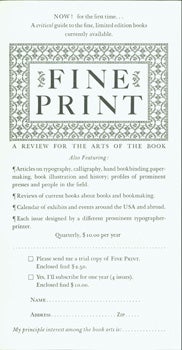 Item #15-8391 Fine Print: A Review for the Arts of the Book. Arif Press, Wesley B. Tanner, print