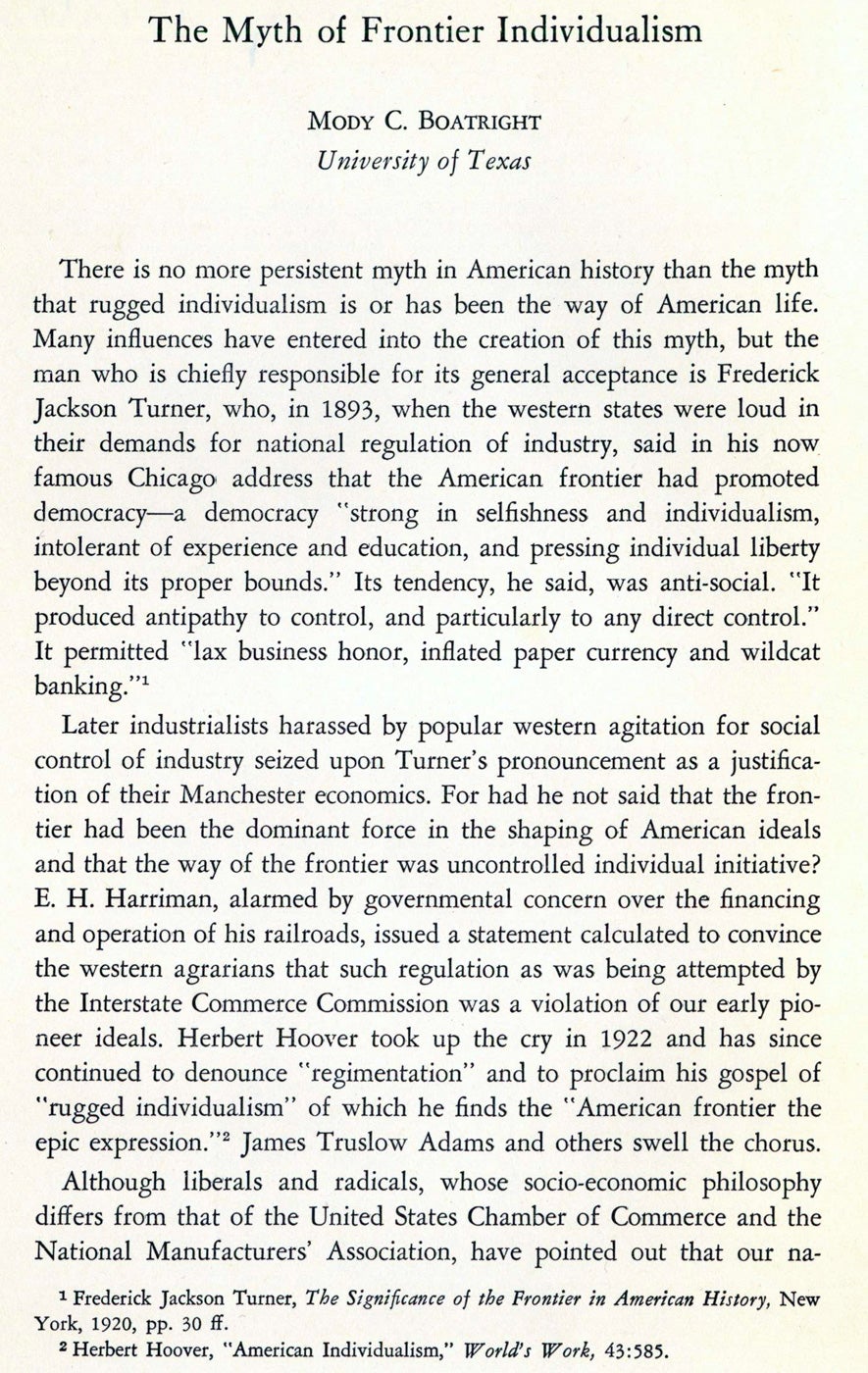 Boatright, Mody C. - The Myth of Frontier Individualism. Reprinted from the Southwestern Social Science Quarterly, Vol. XXII, No. 1, June 1941