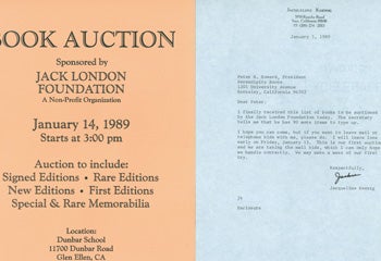 Item #15-8589 TLS from Koenig to Howard dated January 5, 1989, plus related flyer and list of books for auction. Jacqueline Koenig, Peter B. Howard, Serendipity Books.