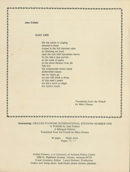 Item #15-8596 12 Poems by Jean Follain. Grilled Flowers, Jean Follain, Mary Feeney, AZ Tucson, transl.