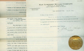San Lorenzo Sugar Company (Los Angeles, CA); John R. Phillips - Tls (Stamped Document) San Lorenzo Sugar Company & John R. Phillips Regarding Status of C.I. Reynolds As Assistant Treasurer in the Slsc, Feb. 18, 1915. Also, Subscription Agreement of the San Lorenzo Sugar Company for Their Mexican Land Scrip in Sinoloa, Mexico, Feb. 1915