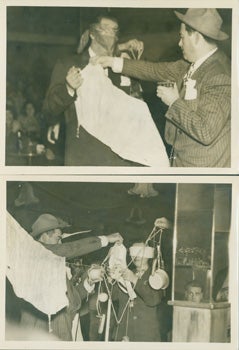 Item #15-8674 Photographs From a KRCC Radio Show, Host is Blind-folding Participants, ca. 1950s....