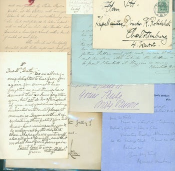 Item #15-8686 MS Notes, Letters, Cards. Card signed "Louis, Feb. 1871"; Two Page MS Transcription of Letters and Notes, 4/18/1954; Howard Durham letter from Hempstead, 9/11/1933; Mary Pavane note dated Dec. 27th, from Weston-super-Mare; Folded page with undated MS letters from Jennie MacVeagh & Kitty Hillard to one Mr. McGrath; 6 page MS letter; the Will of Elisabeth D. Bishop; brief note to Mazie on calling card of Miss Katherine Netterville; undecipherable post card in German; post card from Charles Ottenburg. Charles Ottenburg, Miss Katherine Netterville, Elisabeth D. Bishop, Kitty Hillard Jennie MacVeagh, Mary Pavane, Howard Durham.