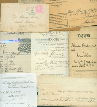 Item #15-8688 Business MSs: Receipts, Invoices: Schmiedler, Korn & Rosen (New York) 10/14/1898; Wells Fargo 4/15/1909; Anglo-California Bank (San Francisco) 5/16/1884; City of Lawrence, KS, Property Tax receipt for J. G. Fevril, 9/5/1859; City of Lawrence, KS, Property Tax receipt for J. G. Fevril 8/6/1861; Horton & Kennedy, Livermore (California) Lumber Yard, 3 receipts from 1885; Jerome B. Rice, Cambridge, NY, 2/21/1898; Deed from 1878, Property in Cabell Co., W. Virginia; Chas. Aiken New Year's Greeting Card; Earl Singleton, Beaumont, TX, Masonic Order dues invoice 12/31/1932; religious decree cards from 6/27/1877; RSVP card 2/5/1891; envelope address to Mr. F. Martens, Berkeley, CA, from Germany, 11/11/1915; envelope address to Harry Weber of Napa, CA, from Alaska, 1/5/1910; envelope address to Harry Weber of San Francisco, CA, from Seattle, 3/2/1910; envelope address to Emil T. H. Bunje of Berkeley, CA, from Karl Bunje, Wardenburg, Germany. Korn Schmiedler, Rosen, Anglo-California Bank, New York, San Francisco.