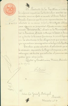 Item #15-8898 Signed Official Manuscript dated December 4, 1903, regarding acquisition of property in Sonora, Mexico by Robert Brooks. Colonizacion E. Industria Secretaria De Estado Y. Del Despachio De Fomento, Mexico.
