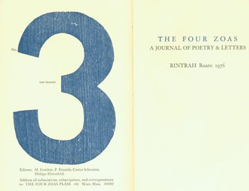 Item #15-8906 The Four Zoas: A Journal of Poetry & Letters. No. 3. RINTRAH Roars: 1976. M. Gordon, Carter Schwarz, Philipe Ehrenfield, P. Daniels, Dwight L. Gillis, Gerard Malanga, print.