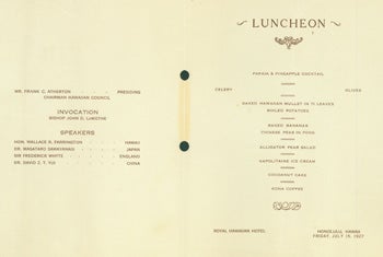 Institute Of Pacific Relations - Luncheon in Honor of the Members of the Institute of Pacific Relations [Menu], at the Royal Hawaiian Hotel, July 15, 1927