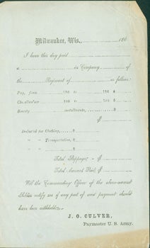 Culver, J. O. (Paymaster, U.S. Army) - Blank Receipt from the CIVIL War Era, I.E. 1860s