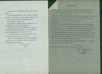Item #15-9503 Typed Documents Related to the San Francisco General Strike of 1934. Includes transcript of a radio address by Mayor Rossi, and a Resolution by the General Strike Committee. Angelo J. Rossi, General Strike Committee, George G. Kidwell, Edward D. Vandeleur.