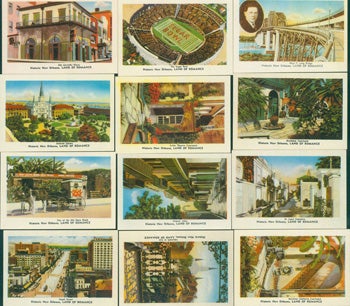 Item #15-9784 Historic New Orleans. Land Of Romance. 12 Color Post Cards In Portfolio Case. Bagur Southern Souvenir Manufacturing Co, New Orleans.